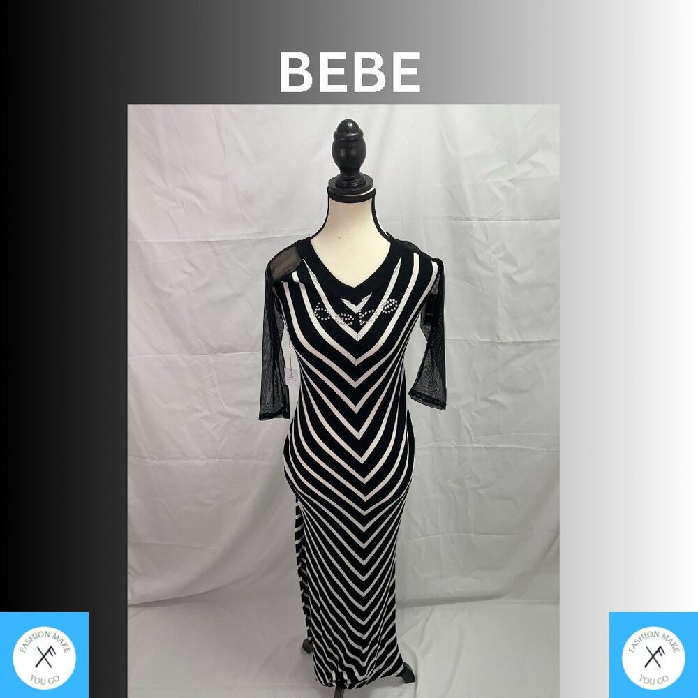 BEBE MAXI DRESS SWAROVSKI RHINESTONE LOGO BLACK/WHITE STRIPED DESIGN